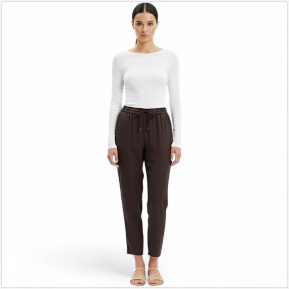 Eileen Fisher Dark Brown 100% Silk Slouchy Drawstring Waist Tapered Crop Pants S - Picture 1 of 5